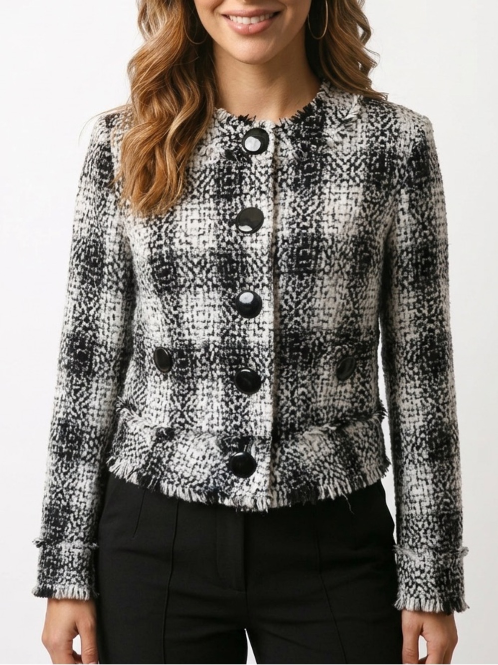 Mac & Jac tweed navy and white size Medium button front. Frayed trim. Cute